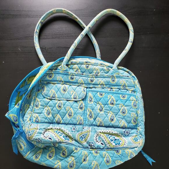Vera Bradley Pale Blue & Yellow Paisley Floral Cotton Bag Lots of Pockets - Picture 2 of 7